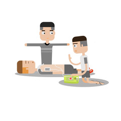 The man pressing a electric shock button on AED during resuscitations. 