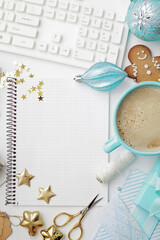 christmas workspace flat lay, gift wrapping, christmas ornaments.