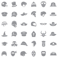 Hats And Masks Icons . Gray Flat Design. Vector Illustration.