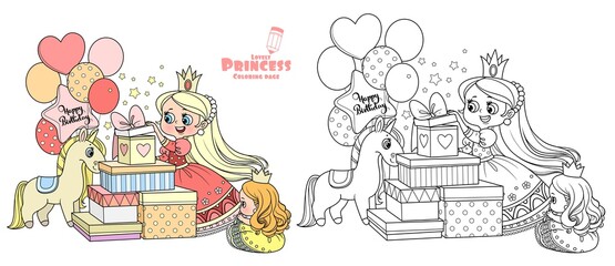 Cute blond princess opens birthday gifts outlined and color for coloring book
