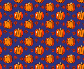 Seamless backdrop with repeat hand drawn pumpkins. Season autumn pattern