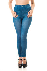 Isolated legs in leggins with jeans texture - obrazy, fototapety, plakaty