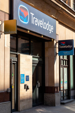 Cardiff, Wales, UK , September 14, 2016 : Travelodge advertising sign outside their hotel in Queen Street in the city centre which is a popular tourist travel destination landmark stock photo image