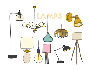 vector lighting lamp illustration. floor lamp, table lamp, pendant, interior design	