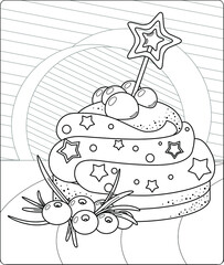 Сoloring page for coloring book: Christmas dessert with candy stars and berries