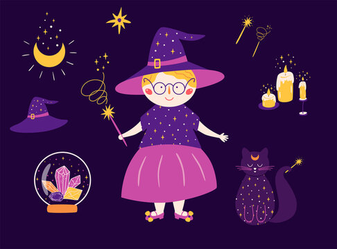 Magic set icons. Witch magic cat, crystals. Cute halloween elements. Witchcraft symbols Violet magical clip art