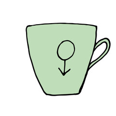 Green cup in doodle style with the symbol of Mars, men. Vector over white background.
