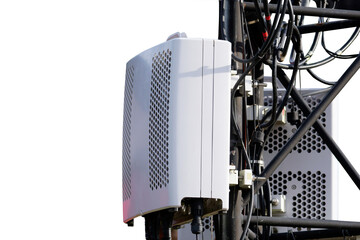 Small Cell 3G, 4G, 5G Radio System. Macro Base Station or Base Transceiver Station. Wireless Communication Antenna Transmitter on small tower outdoor isolated on white background.