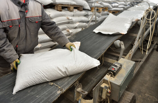 A Worker Loads Full Bags Onto A Conveyor Belt