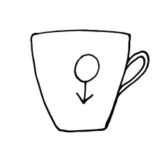 Cup in doodle style with symbol of Mars, men. Vector over white background.