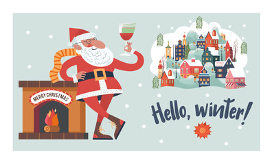 Santa toasting a wine glasses. Vector christmas card.