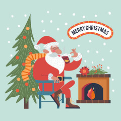 Fototapeta premium Christmas card with Santa drinking mulled wine. Vector christmas card.