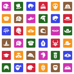 Hats And Masks Icons . White Flat Design In Square. Vector Illustration