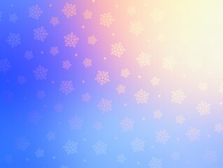 Snowflakes shine on colorful fantasy background. Blue pink yellow gradient. Bright glow winter holidays illustration.