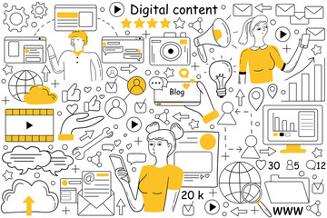 Digital content doodle set. Collection of hand drawn sketches patterns of people creating promote interactive products for engaged audiences and value for customers. Visual marketing technologies. © drawlab19