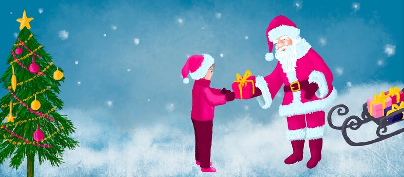 Santa Claus with baby and gift. Merry Christmas and a happy new year! Illustration with the congratulation of the coming year. Winter. Banner