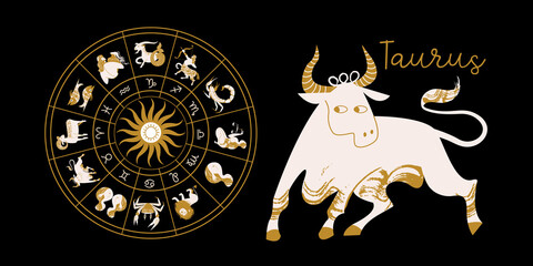 Zodiac sign Taurus. Horoscope and astrology. Full horoscope in the circle. Horoscope wheel zodiac with twelve signs vector. - 387362331