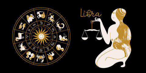 Libra zodiac sign. Horoscope and astrology. Full horoscope in the circle. Horoscope wheel zodiac with twelve signs vector. - 387362369