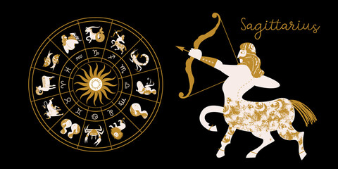 Zodiac sign Sagittarius. Horoscope and astrology. Full horoscope in the circle. Horoscope wheel zodiac with twelve signs vector. - 387362515