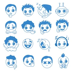 Fotobehang Set of emoticons that express different emotions, laughter, sadness, keep quiet, excellent, bad, robot, whispering in the ear, dead, yummy, angel, baby, sleeping and laughing, color vector clip art  © ta_nya