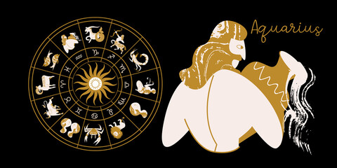 Zodiac sign Aquarius. Horoscope and astrology. Full horoscope in the circle. Horoscope wheel zodiac with twelve signs vector.