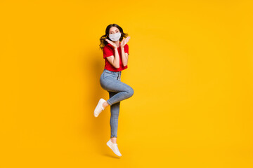 Fototapeta na wymiar Full size photo of cheerful attractive girl jump wear respiratory sneakers isolated over vivid color background