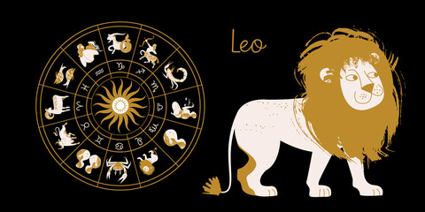 The zodiac sign Leo. Horoscope and astrology. Full horoscope in the circle. Horoscope wheel zodiac with twelve signs vector. - 387362584