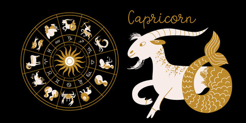 Zodiac sign Capricorn. Horoscope and astrology. Full horoscope in the circle. Horoscope wheel zodiac with twelve signs vector. - 387362714