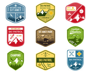 Set of Ski Club, Patrol Labels. Vintage Mountain winter camping explorer badges. Outdoor adventure logo design. Travel hand drawn and hipster color insignia. Snowboard icon symbol. Wilderness. - obrazy, fototapety, plakaty