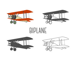 Set of vintage aircraft design elements. Retro Biplanes in color, line, silhouette, monochrome designs. Aviation symbols. Biplane emblem. Old style planes. Isolate on white background - obrazy, fototapety, plakaty