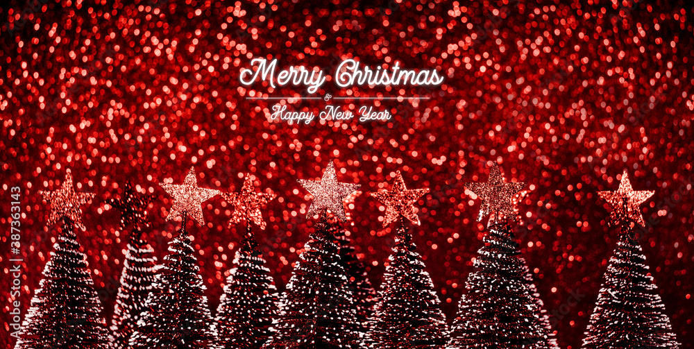 Aufkleber merry christmas and happy new year text over xmas tree on red glitter sparkling lights festive bokeh