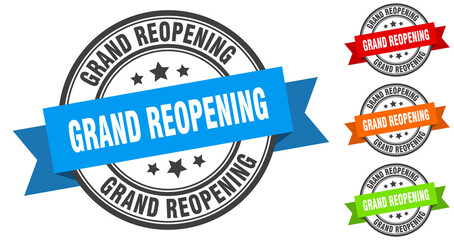 grand reopening stamp. round band sign set. label