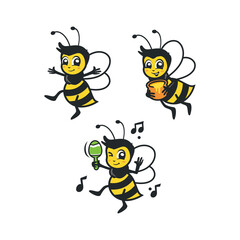 Cartoon Funny Black Yellow Striped Bee Vector Collection
