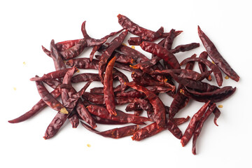 A pile of dry chili on a white background, Top view.