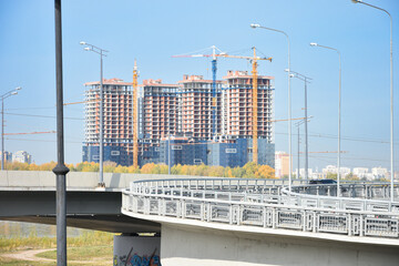 Russia city of Kazan, city highway Volga-river and new buildings of a residential complex. Construction of residential buildings in Kazan.