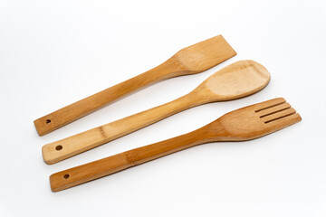 Wooden Cooking Utensils, Kitchen Utensil isolated on a white background, wooden spoons and spatula set will keep pans safe from scratches.