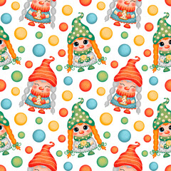 Cute cartoon Christmas gnomes girls seamless pattern. Scandinavian gnomes girls seamless pattern. Christmas seamless pattern.
