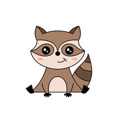 Cute raccoon sitting. Cartoon raccoon character. Cool kawaii raccoon smiling. Funny Little raccoon. Kid's doodle animal drawing. White background. Black outline. Vector illustration, flat, clip art. © Tasha Vector