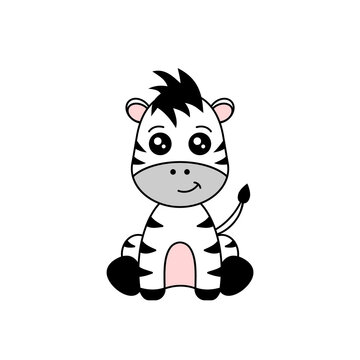Cute zebra sitting. Cartoon baby zebra character. Cool kawaii zebra smiling. Black outline. Kid's doodle animal drawing. White background. Fluffy little zebra. Vector illustration, flat, clip art.