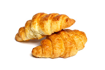 Fresh french croissant with chocolate isolated on white background Continental morning breakfast Top view Flat lay