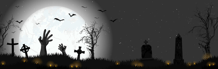 Halloween zombie hands in front of full moon