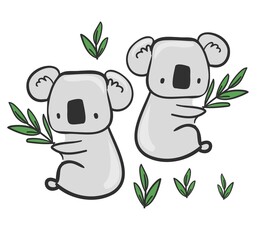 Cute koala and leaves isolated on white background vector illustration