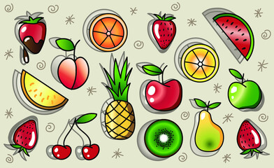 fruits stickers or icons for background or other works, fruit banner, shadows are other layer