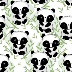 Hand drawn cute panda with bamboo illustration vector seamless pattern print fabric design