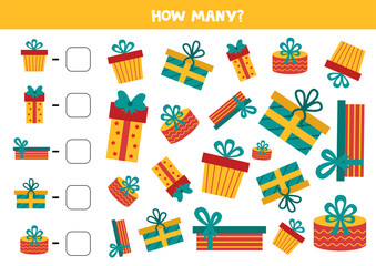 How many Christmas present boxes are there. Educational math game for kids.