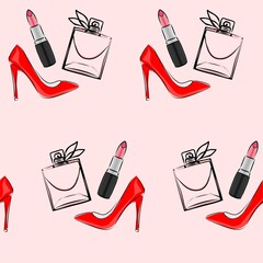 Fashionable vector illustration. An image of a transparent perfume bottle with lipstick and red high-heeled shoes inside. Glamorous sketch of women's fashion