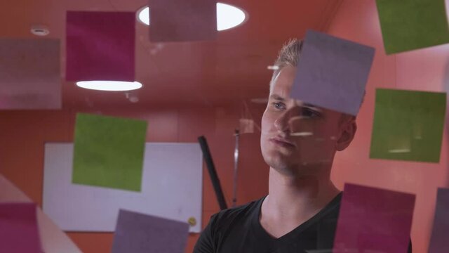 IT worker tracking his tasks on board. Man attaching sticky note to scrum task board in the office