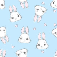 Seamless pattern rabbit hand drawn bunny and heart print design rabbit background vector illustration seamless print design textile for kids fashion