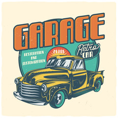 T-shirt or poster design with illustration of classic car