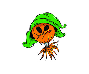 Halloween monster orange pumpkins with green hat vector illustrations. Design for t-shirt, stamp, label, logo, etc. isolated vector graphic.